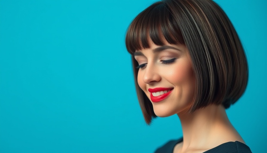Stylish woman with box bob haircut smiling, blue background.