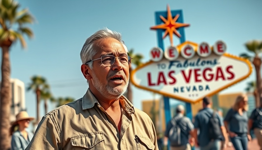 Middle-aged man in front of Las Vegas sign, bright sunny day