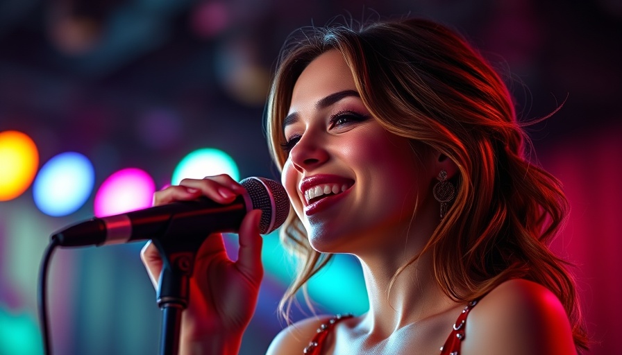 Confident singer performing on stage, vibrant concert lights.