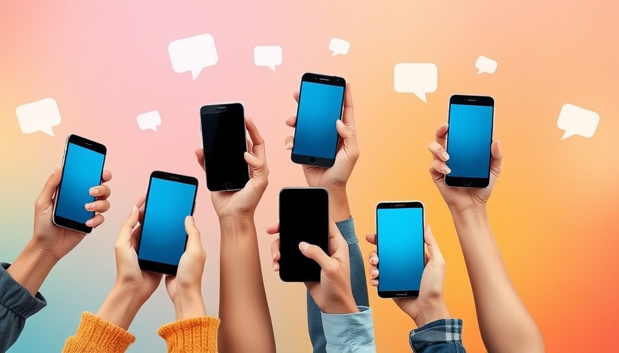 Diverse hands with phones and chat icons for friendship apps.