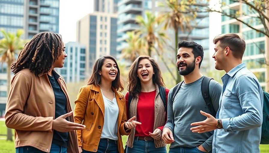 Diverse young adults discussing socialism in a city park.