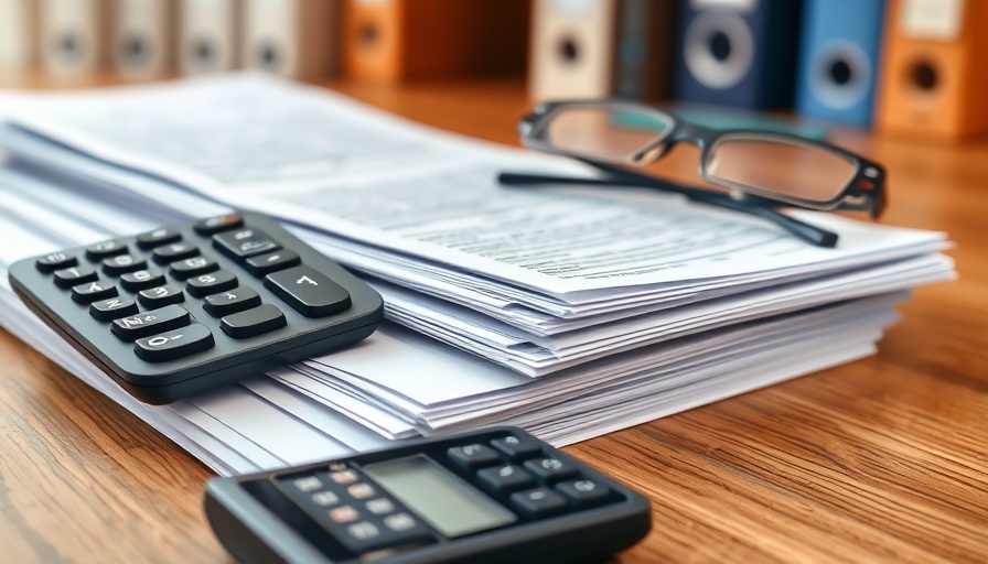 Organized tax documents and calculator with reading glasses on desk.