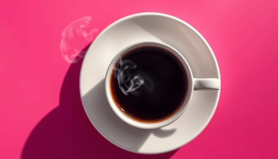 A cup of coffee on a pink background highlighting caffeine content.
