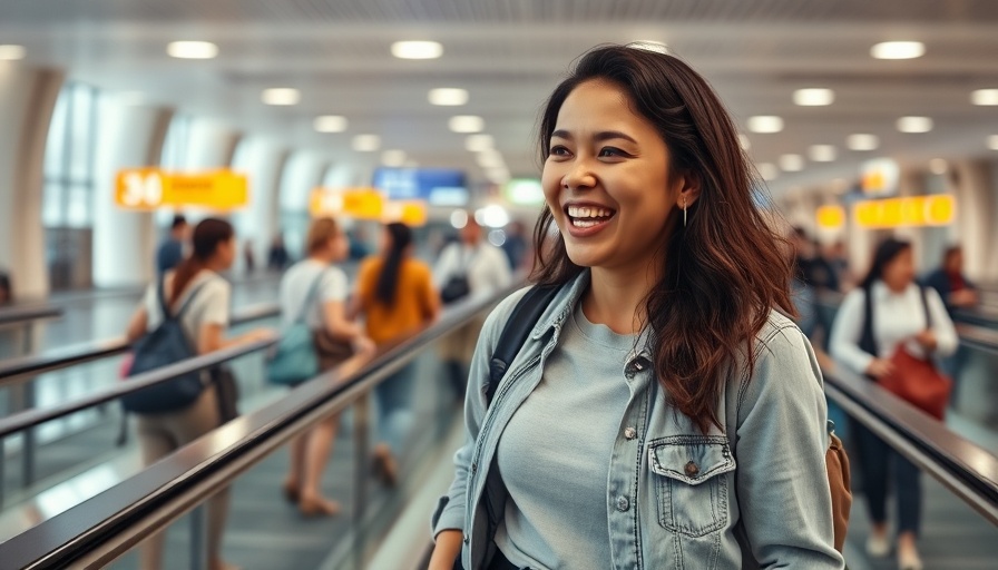 Cheerful woman at airport sharing truths about travel.