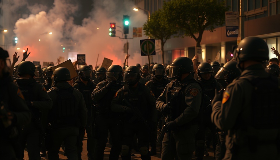 Trump Portland Federal Troops Clash at night with smoke and lights.