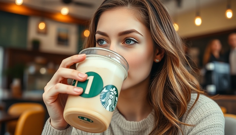 Young woman enjoying Starbucks Protein Cold Foam in a coffee shop, bright lighting.