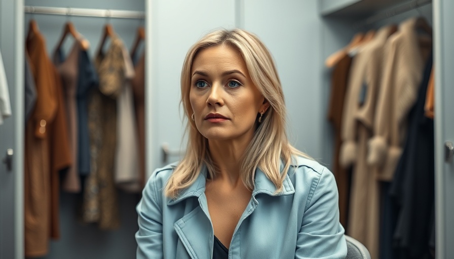 Thoughtful woman in dressing room, costume dresses in background