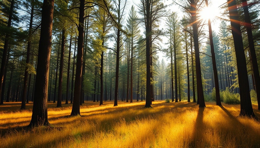 Serene forest landscape at Elk State Park with sunlit trees.