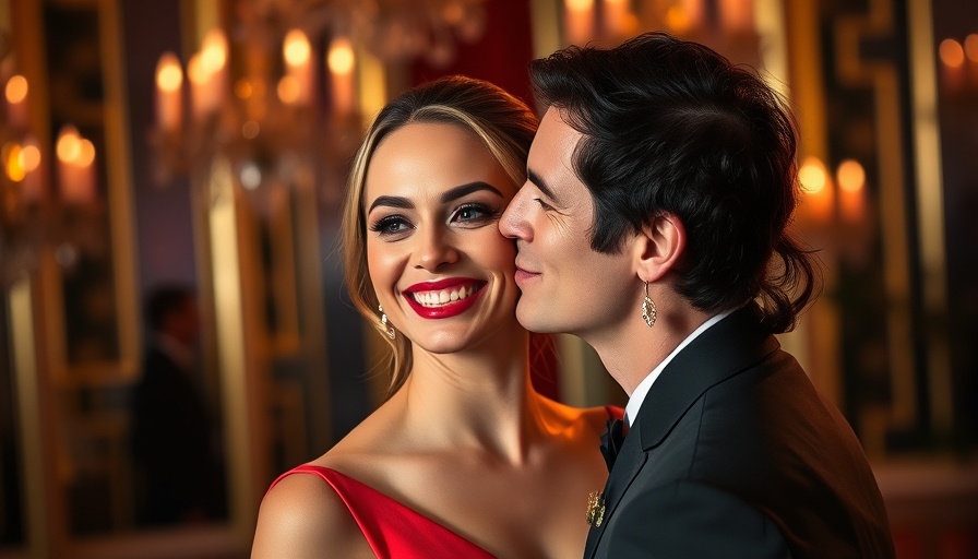 Elegant couple at event with affectionate moment.