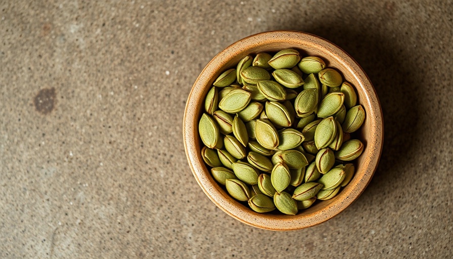 Close-up of pumpkin seeds in a rustic bowl on a textured surface.
