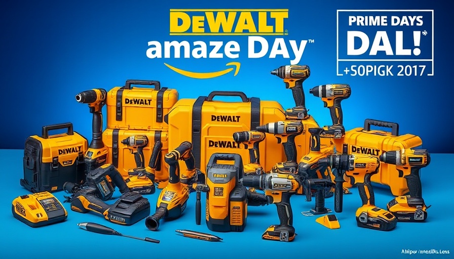 DeWalt tools display for Prime Day deals on blue background.