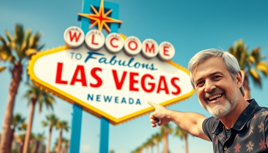 Cheerful man pointing at Las Vegas sign highlighting budget travel tips.