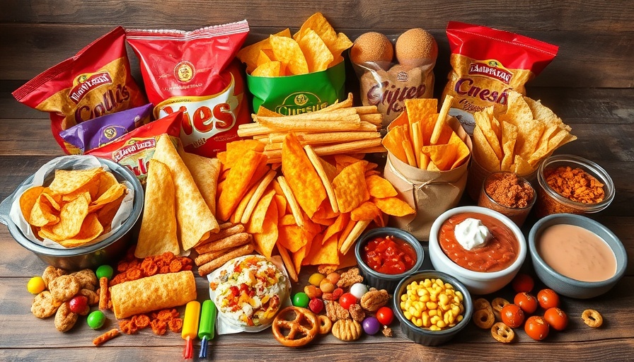 Variety of ultra-processed snacks on a wooden table.