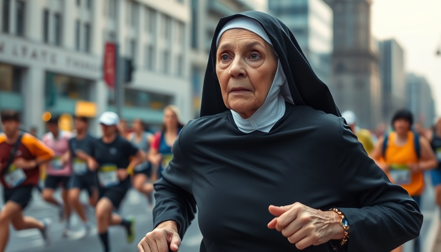 Marion Irvine running nun in marathon, focused and determined.