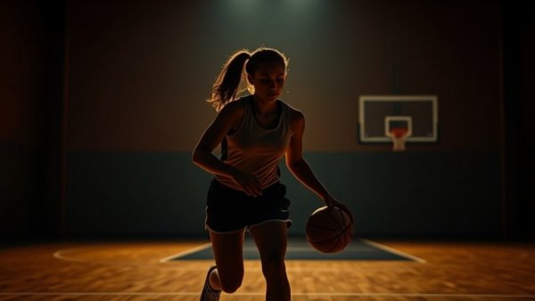 Silhouetted female athlete dribbling basketball on dim court.