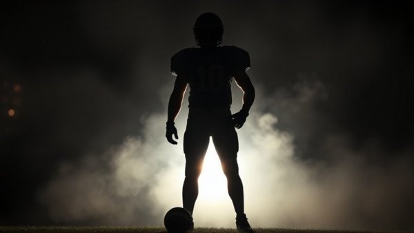 Silhouetted football player holding a ball, dramatic lighting, NCAA NIL Settlement concept.