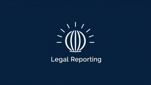 Minimalist logo representing legal reporting on dark blue background