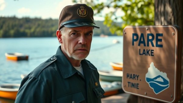 Beaver Lake Park Warden standing by the lake with a sign.