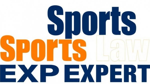 Bold 'Sports Law Expert' text in orange and blue, minimalist design
