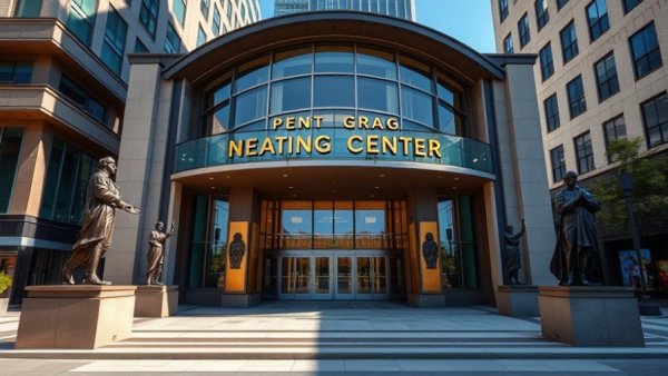Entrance of performing arts center in Asheville with statues