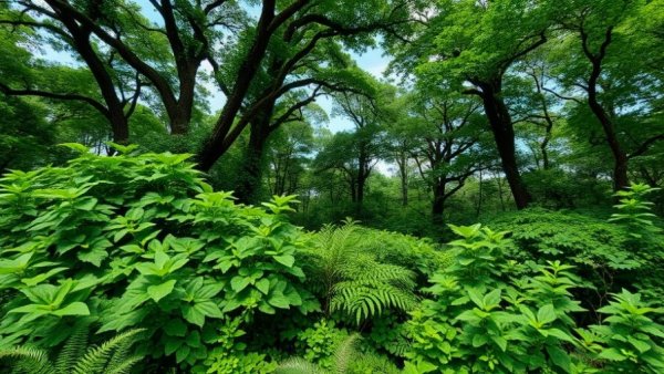 Lush kudzu growth after Hurricane Helene in forest clearing.
