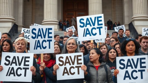 Protest against SAVE Act outside building, highlighting election implications.