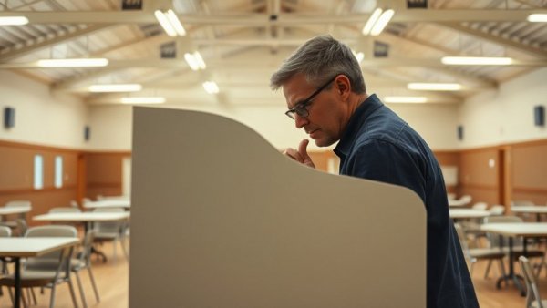 Voter at North Carolina primary election questions booth in large hall.