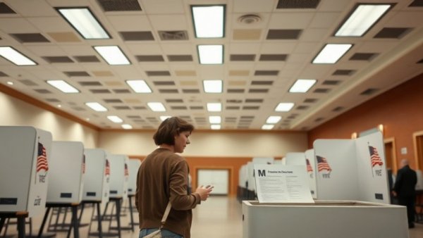 Voter at NC election booth casting vote in spacious hall.