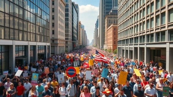 Aerial view of Asheville No Kings rally amid city buildings.