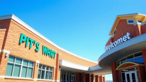 Pitt-Greenville Airport entrance on a clear day, bright signage.