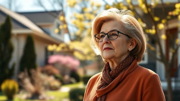 Woman stands confidently in front of house, Asheville property tax reappraisals.