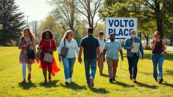 Voters entering polling place on a sunny day.