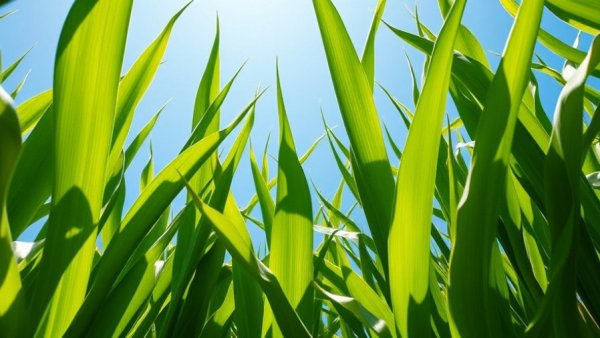 Close-up of lush green corn plants under a blue sky.
