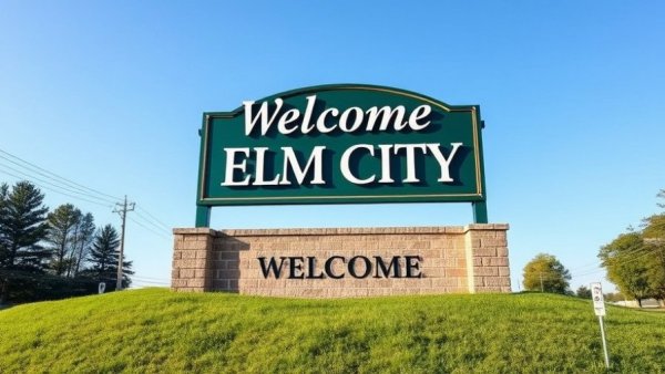 Welcome sign for Elm City with various community symbols