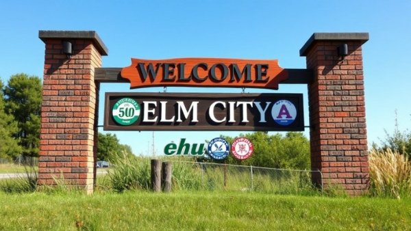 Welcome sign for Elm City with local symbols, grassy backdrop.