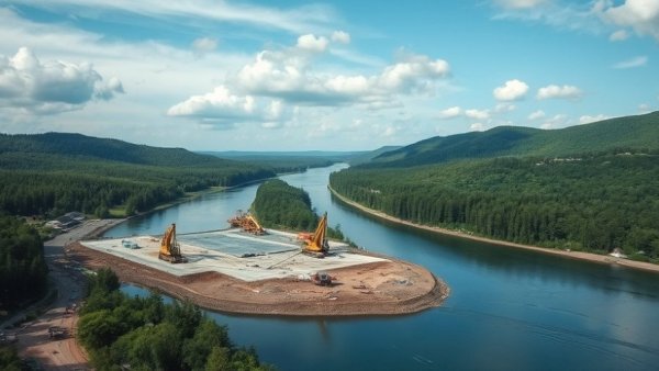 Aerial view of construction site by river in Buncombe County.