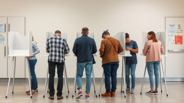Voters at booths in North Carolina voting area with warning signs.