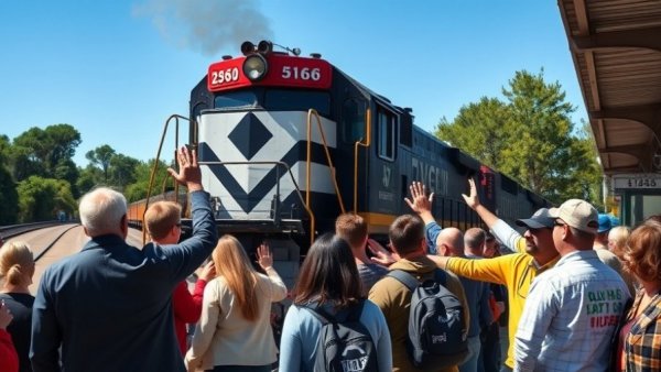 Crowd welcomes first freight train to Asheville as engineers wave.