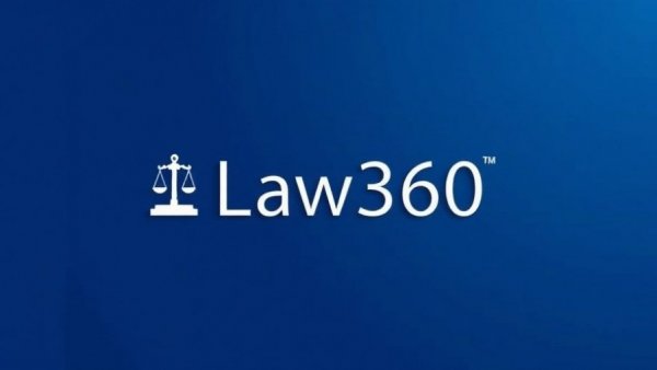 Minimalistic corporate logo of Law360 on a blue background.