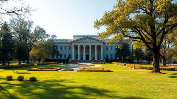 North Carolina government building surrounded by trees and lawn on a sunny day.