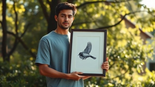 Framed bird illustration held by person outdoors, lush background