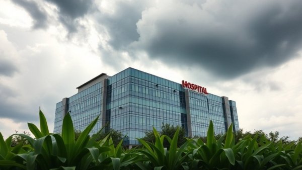 Mission Hospital facing bed approval controversy with dramatic clouds.
