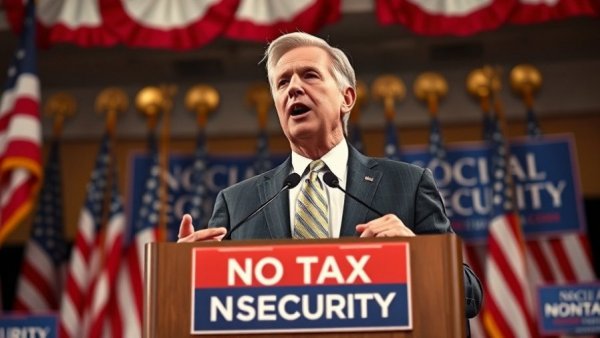 Politician speaking at event with USA flags, No tax banners.