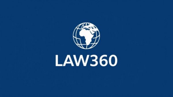 Minimalist logo with LAW360 text on blue background for Nike Tariff Refund Class Action.
