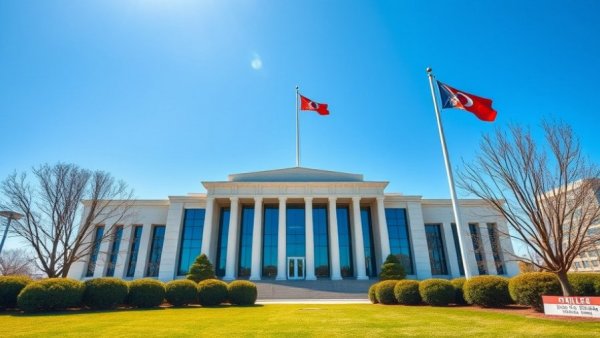 Modern legislative building with flags in North Carolina, sunny day.