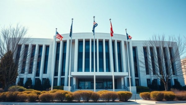 Legislative building with flags on a sunny day, Duke Energy campaign.