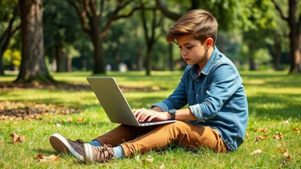 Boy studying online outdoors, representing North Carolina online charter schools.