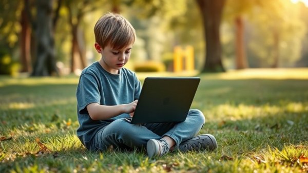 Young boy using laptop in North Carolina outdoor setting.