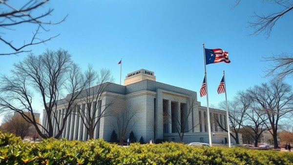 North Carolina government building with flags, clear day