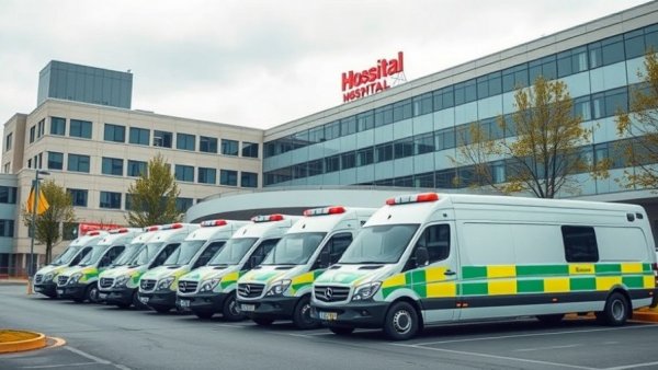 Ambulances parked outside hospital under cloudy sky